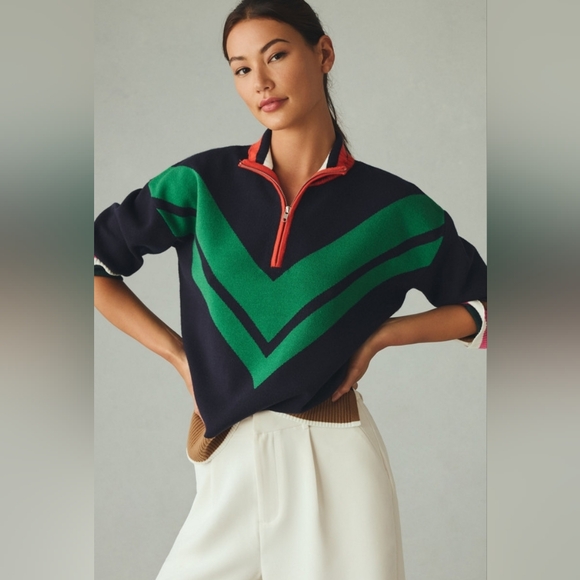 Maeve Sweaters - Maeve Navy & Green Chevron Half-Zip Sweater Size M